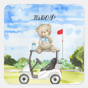 Golf Teddy Bear It's Boy for Baby Shower   Square Sticker