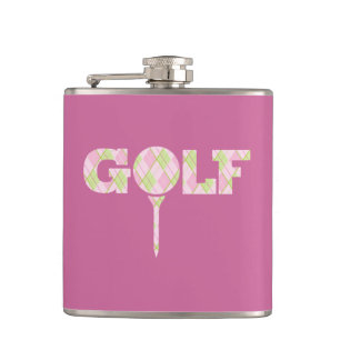 Golf tee logo argyle pink ladies plaid name hip flask