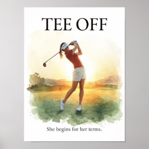 Golf tee off with woman golfer poster