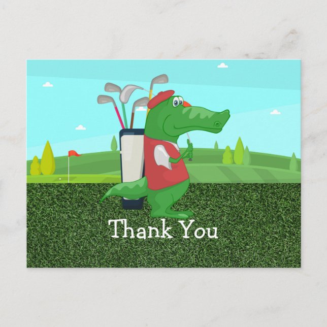 Golf Thank you card with Crocodile golfer on green (Front)