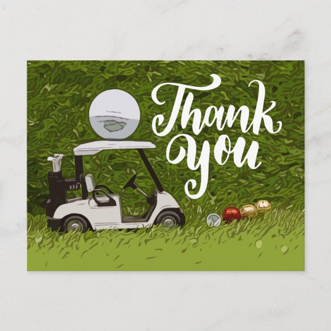 Golf  Thank you card with golf cart on green grass (Front)