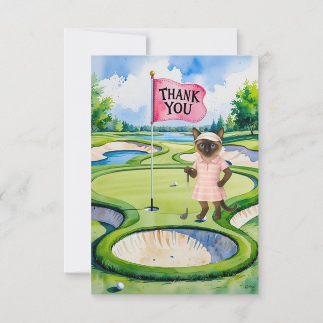 Golf Thank you card with golfer cat lover on green (Front)