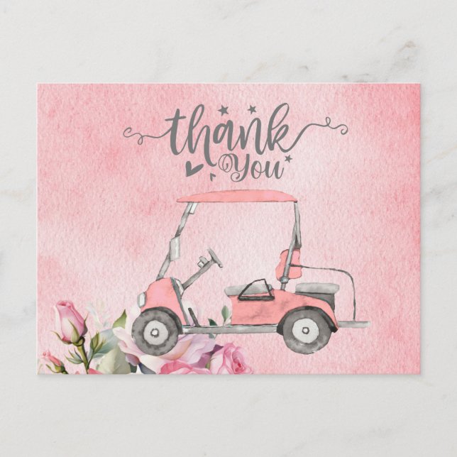 Golf Thank you card with pink golf cart watercolor (Front)
