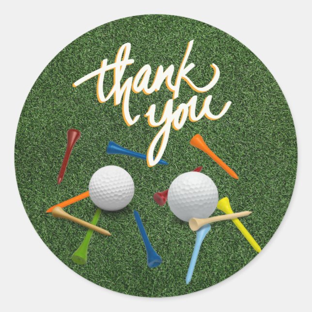 Golf Thank you with golf ball and tees on green   Classic Round Sticker (Front)