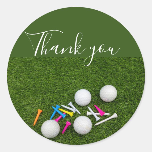 Golf Thank you with golf ball and tees on green Classic Round Sticker (Front)