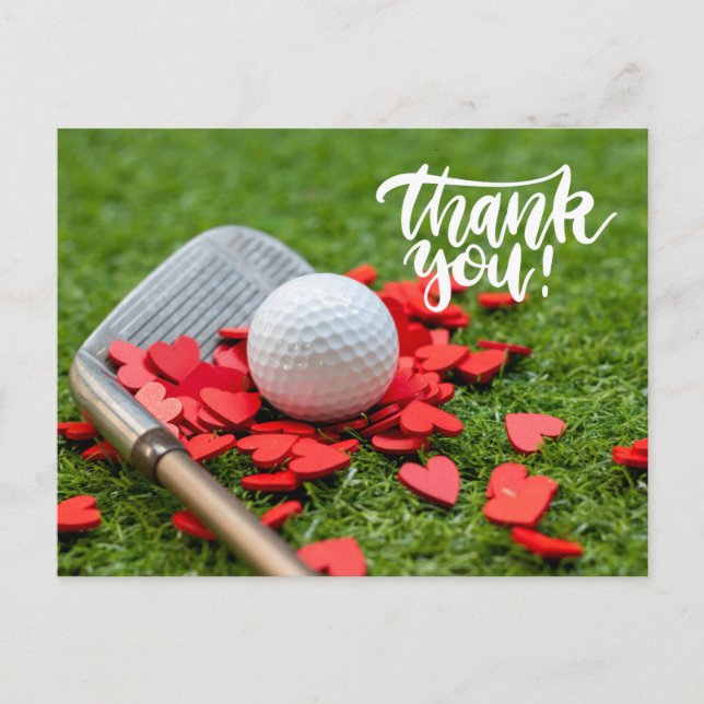 Golf Thank you with love red heart on green golfer Postcard (Front)