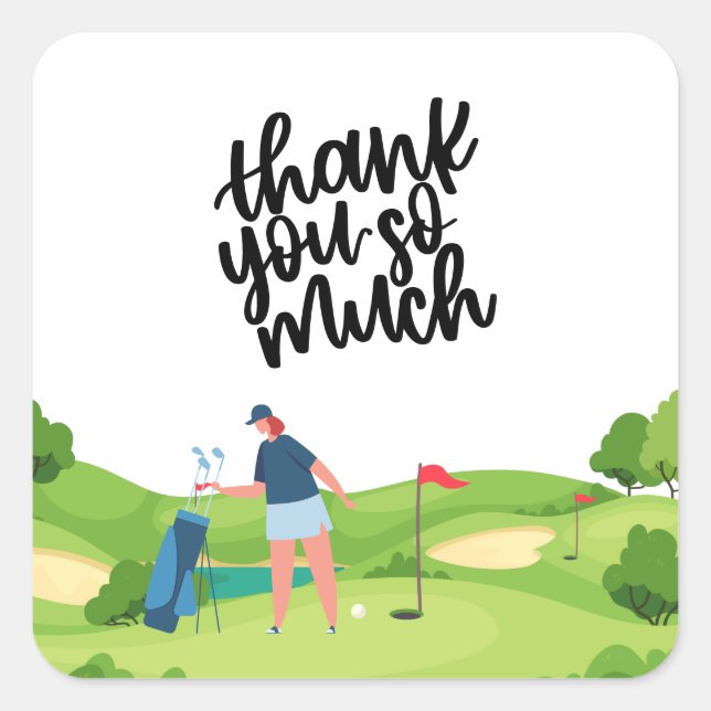 Golf thank you with  woman golfer putting on green square sticker (Front)