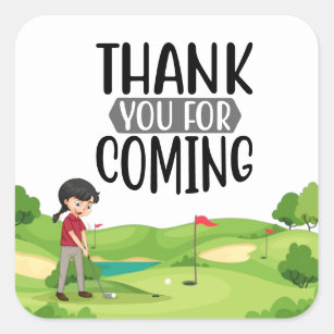 Golf thank you with  woman golfer putting on green square sticker