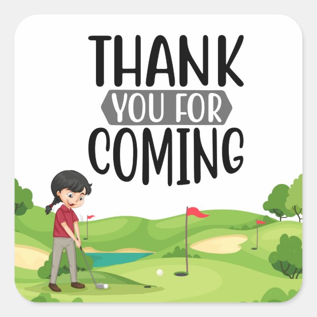 Golf thank you with  woman golfer putting on green square sticker (Front)