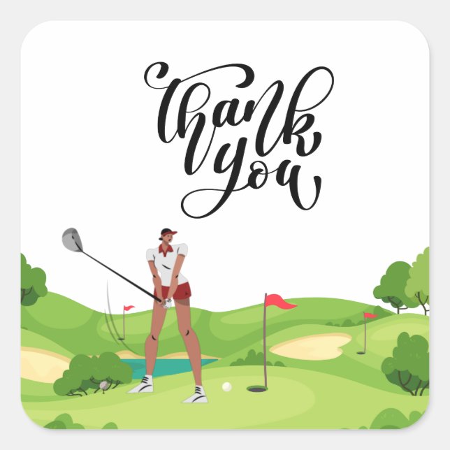 Golf thank you with  woman golfer putting on green square sticker (Front)
