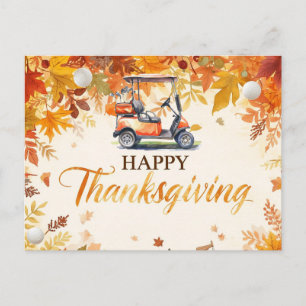 Golf Thanksgiving with golf cart Autumn themed Holiday Postcard