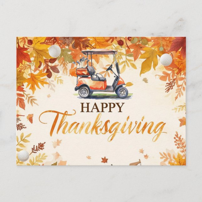 Golf Thanksgiving with golf cart Autumn themed Holiday Postcard (Front)