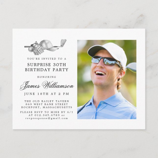 Golf Theme 30th SURPRISE Birthday Party Photo Invitation Postcard (Front)
