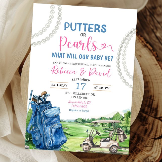 Golf Theme Putters or Pearls Gender Reveal Party Invitation (Creator Uploaded)