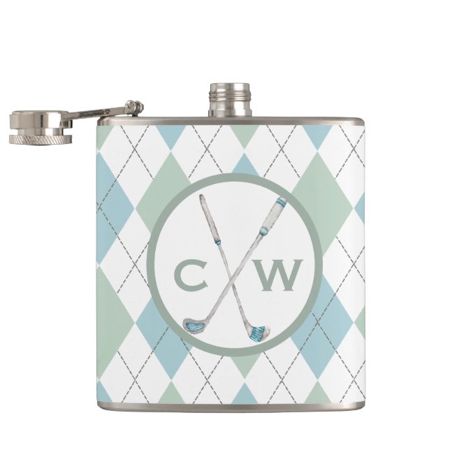 Golf Themed Argyle Personalised Monogram Hip Flask (Opened)