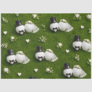 Golf wedding bride and groom on green grass tissue paper