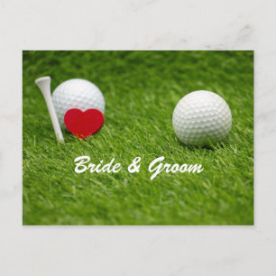Golf wedding bride and groom tee off with love postcard