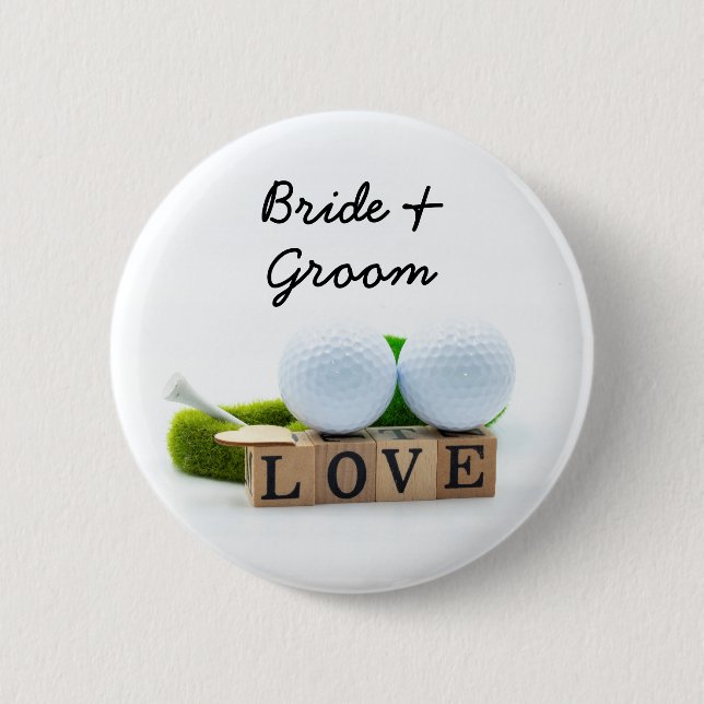 Golf wedding bride groom golf ball tee with love 6 cm round badge (Front)
