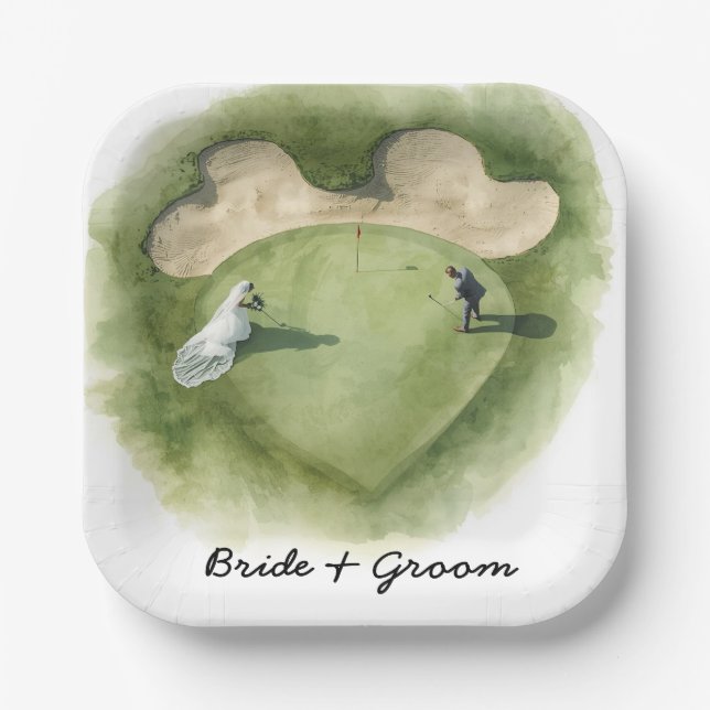 Golf wedding bride groom golf ball tee with love paper plate (Front)