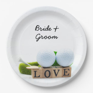 Golf wedding bride groom golf ball tee with love paper plate