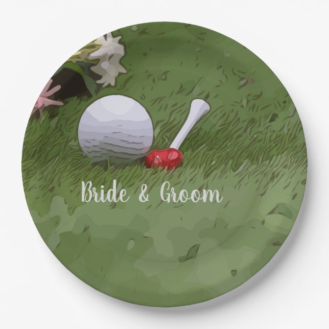 Golf Wedding golf ball and flower with love Paper Plate (Front)