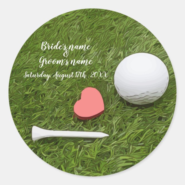 Golf Wedding  golf ball and tee with love on green Classic Round Sticker (Front)