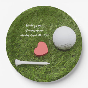 Golf Wedding  golf ball and tee with love on green Paper Plate