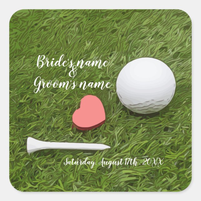 Golf Wedding golf ball and tee with love on green Square Sticker (Front)
