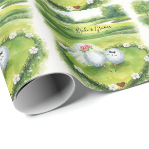 Golf wedding golf ball bride and groom on green wrapping paper
