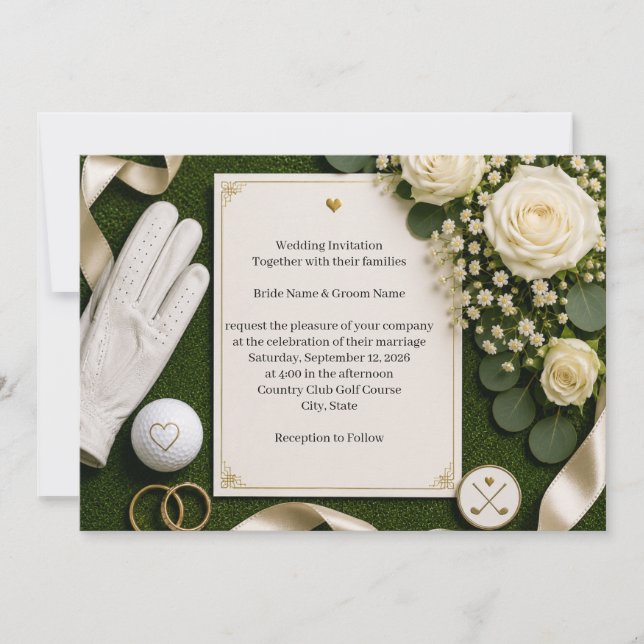 Golf Wedding Invitation with White Roses  (Front)