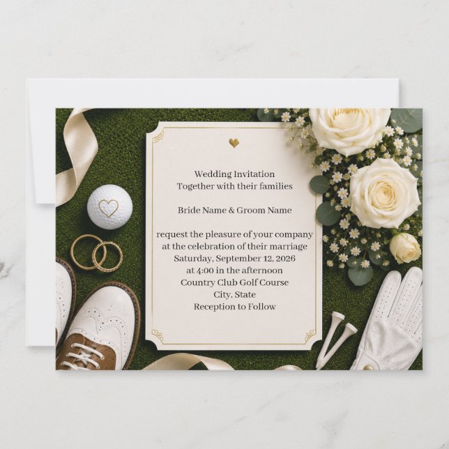 Golf Wedding Invitation with White Roses  (Front)