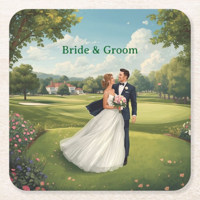 Golf Wedding Party with Bride & Groom on Green Square Paper Coaster (Front)
