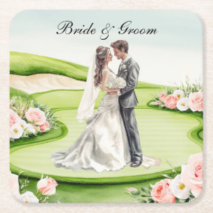 Golf Wedding themed bride and groom on course Square Paper Coaster
