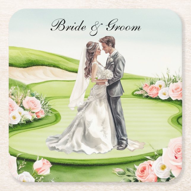Golf Wedding themed bride and groom on course Square Paper Coaster (Front)