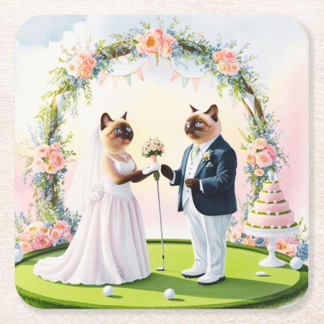 Golf Wedding themed for Cat Lovers Square Paper Coaster (Front)