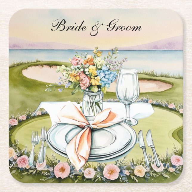 Golf Wedding themed on golf course Square Paper Coaster (Front)