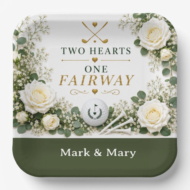 Golf Wedding Two Hearts One Fairway  Paper Plate (Front)