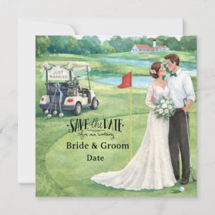 Golf Wedding with bride and groom at club house Save The Date
