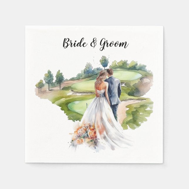 Golf Wedding with bride and groom at golf course Napkin (Front)