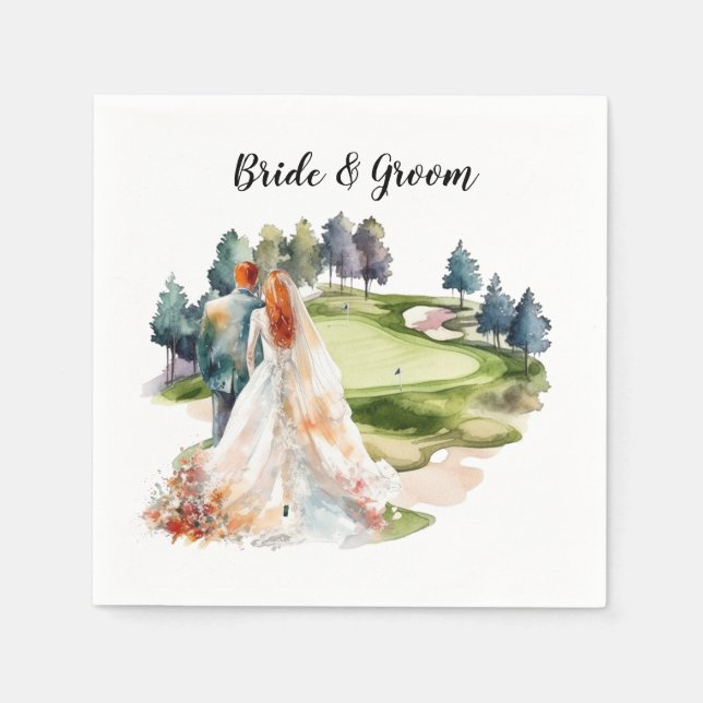 Golf Wedding with bride and groom at golf course Napkin (Front)
