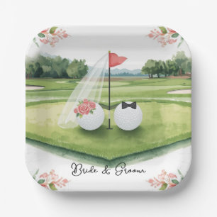 Golf Wedding with bride and groom ball on green Paper Plate