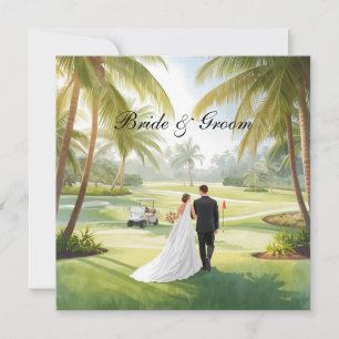 Golf Wedding with Bride and Groom Florida themed Invitation