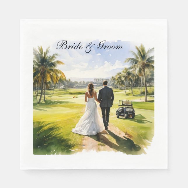 Golf Wedding with Bride and Groom on course Napkin (Front)