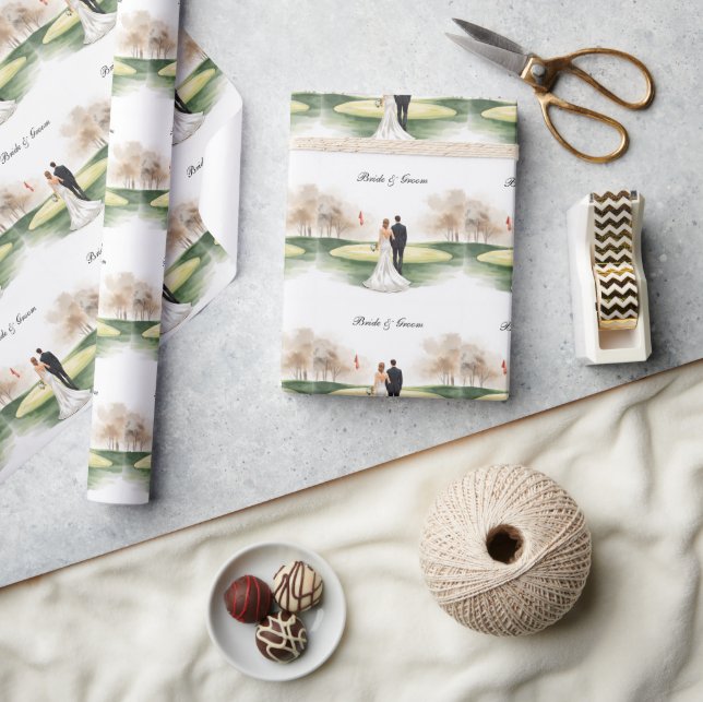 Golf Wedding with Bride and Groom on course Wrapping Paper (Crafts)