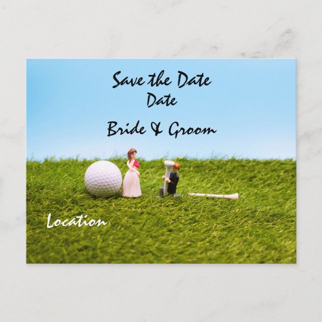 Golf wedding with bride and groom save the date postcard (Front)