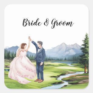 Golf Wedding with bride and groom  Square Sticker