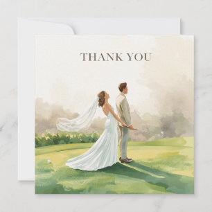 Golf wedding with bride and groom with text thank you card