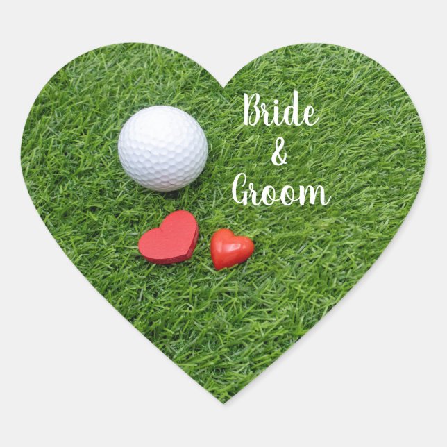 Golf Wedding with golf ball and love  on green Heart Sticker (Front)