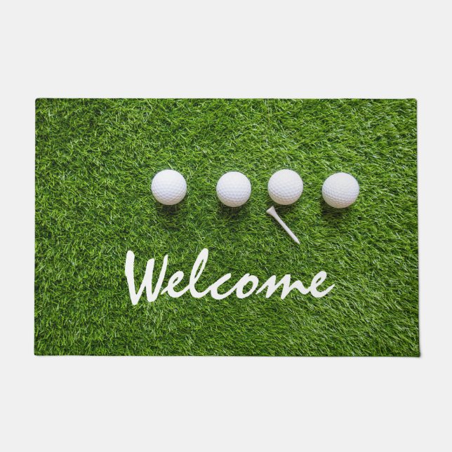 Golf welcome door mat golfer golf balls and tee (Front)