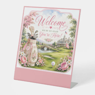 Golf Welcome sign with golf bag and flower pink